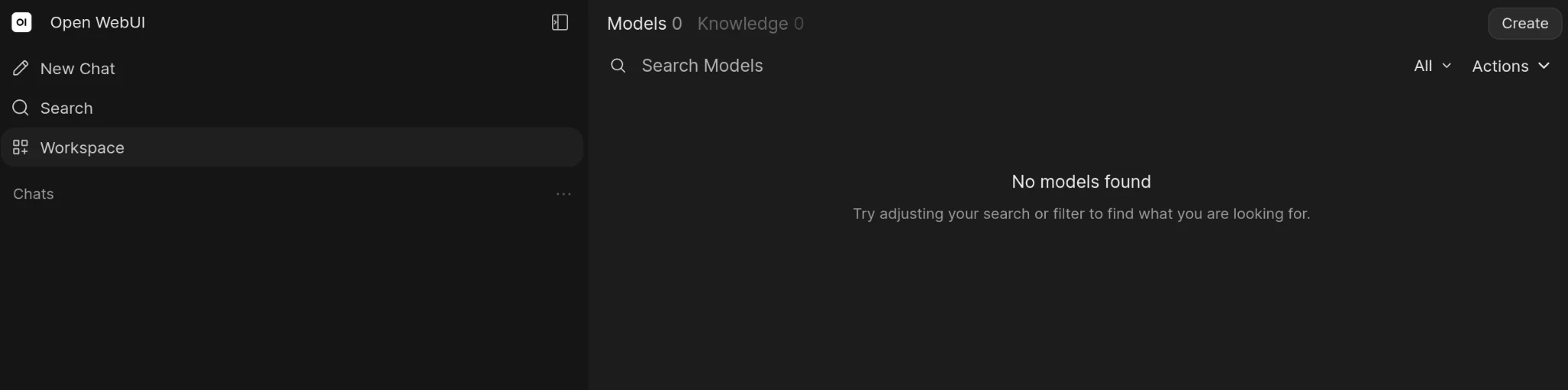 Open WebUI Workspace and Models screen with Workspace and Create highlighted