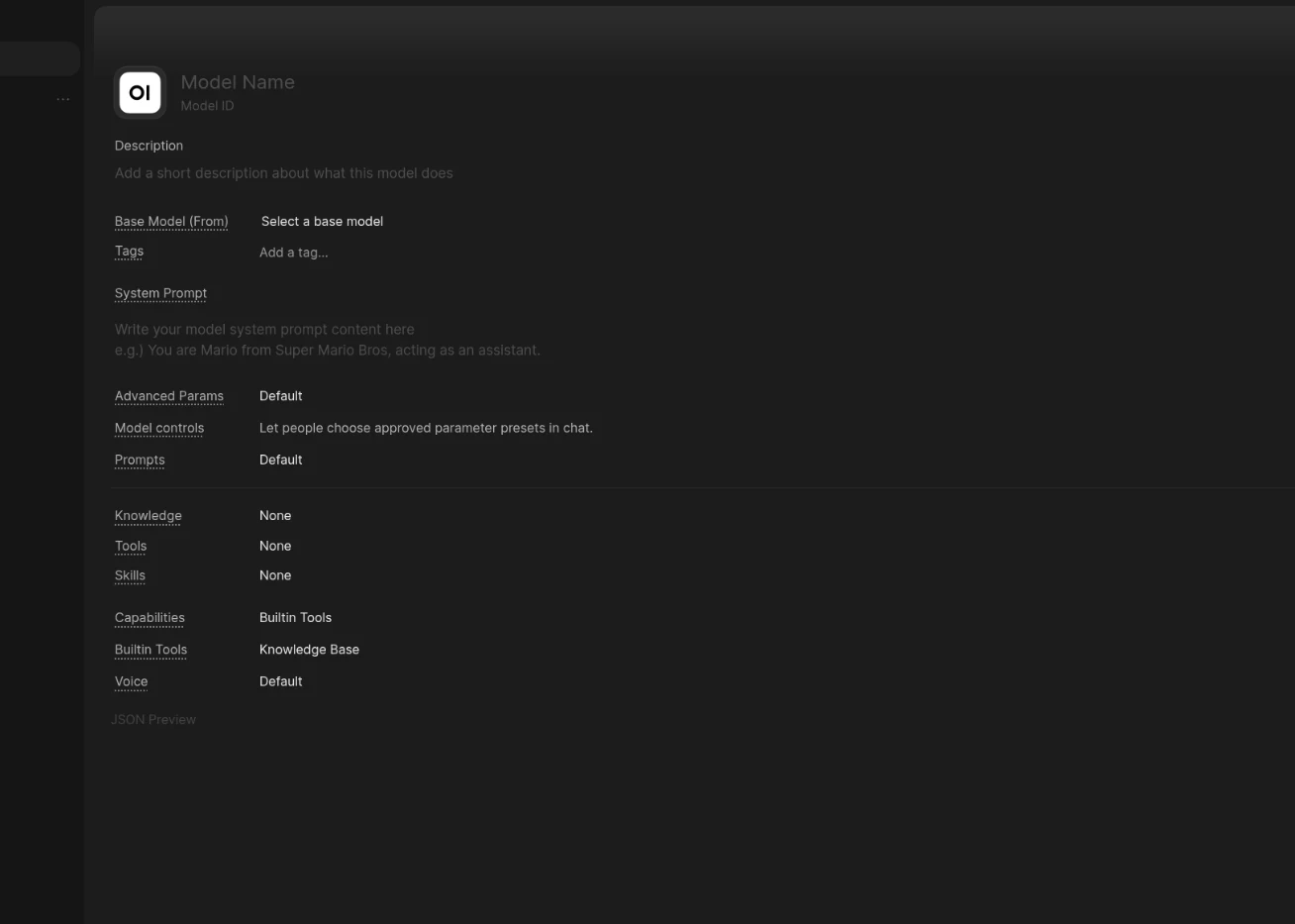 Open WebUI model editor with name, base model, prompt, and Save & Create highlighted