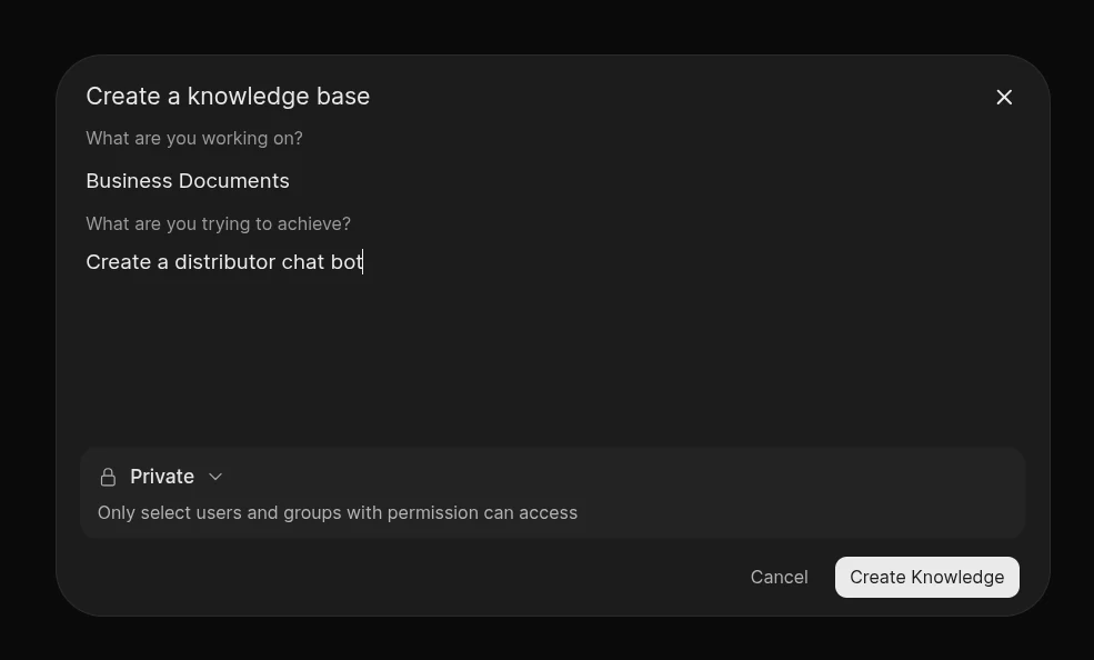 Open WebUI Create knowledge base form with name, Private setting, and Create Knowledge highlighted